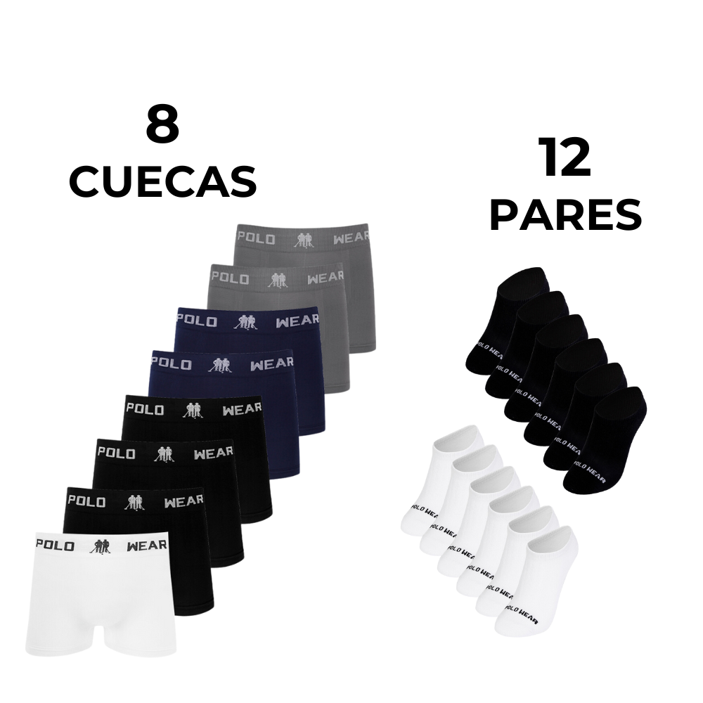 Kit 8 Cuecas Masculinas Boxer Microfibra Polo Wear Sortido + Kit 12 Pares de Meias Invisíveis Polo Wear Sortido